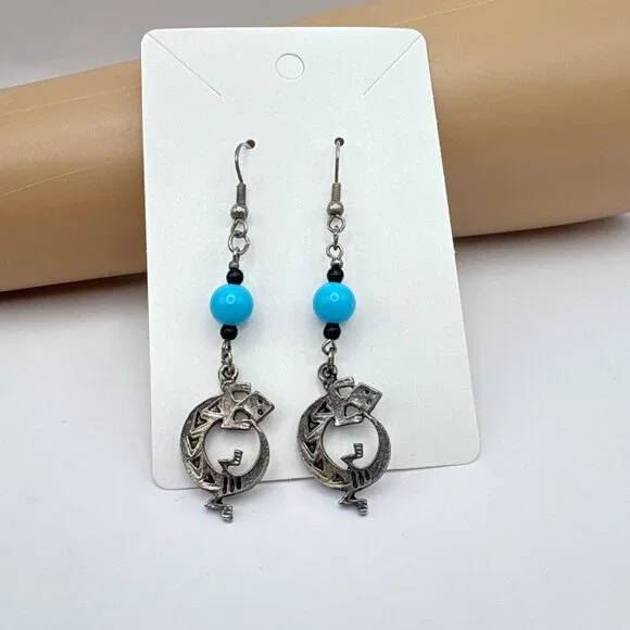 Vintage Lizard Dangle Earrings Silver Tone With Bead Accents Desert Gecko - Picture 5 of 6